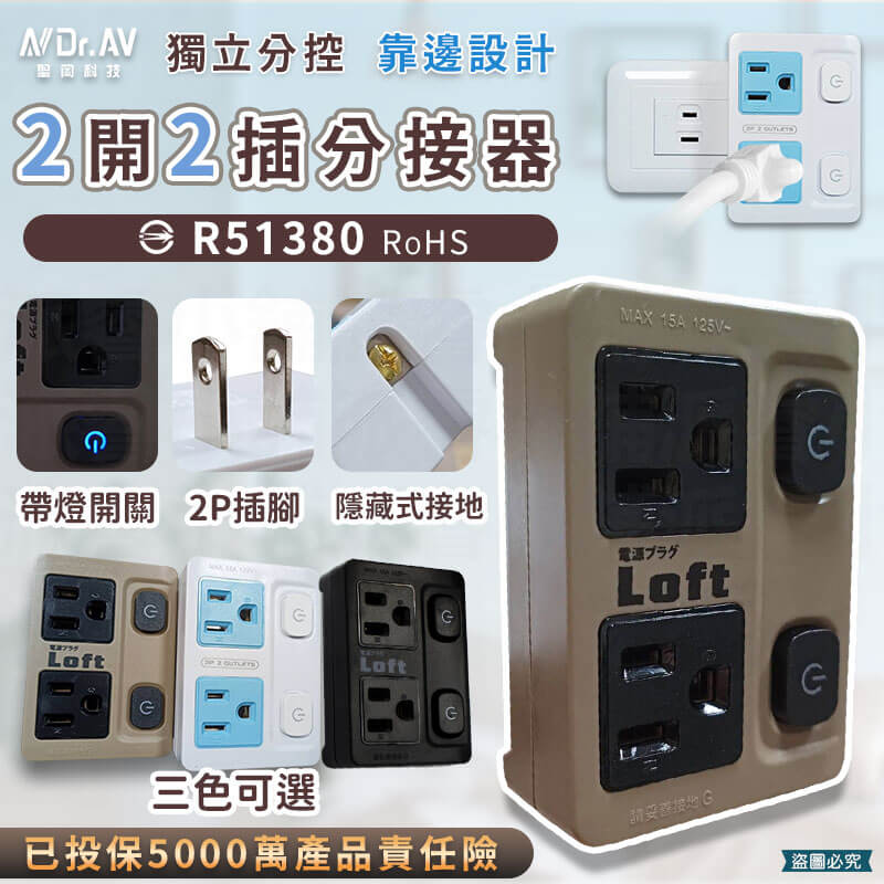 【聖岡 獨立分控2開2插分接器】居家工業風 獨立分控開關 隱藏式接地線 壁插 分接器 3P插座
