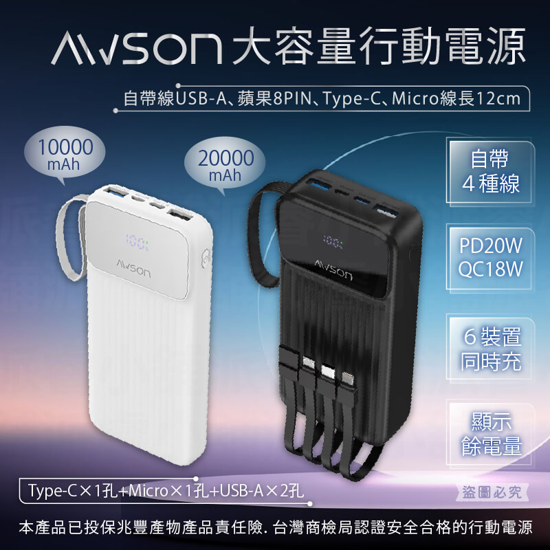 可帶上飛機【AWSON 大容量行動電源】20000mAh 10000mAh 自帶線 20W快充 行充