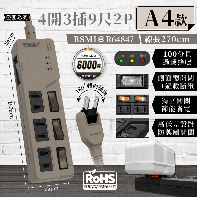 【BiBi聲AI過載警報延長線】1.8M 總開關 獨立開關 過載蜂鳴 100分貝警鈴 延長線 3P 2P