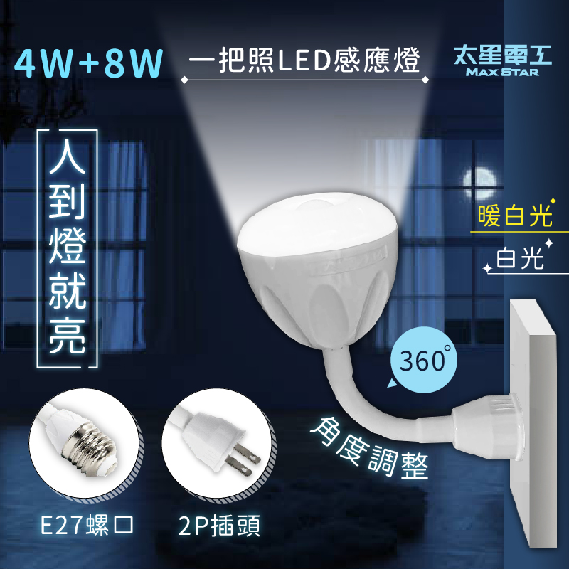 【4W一把照LED感應燈】感應燈 紅外線感應燈 節能省電 360度可彎 感應燈 插頭小夜燈 E27