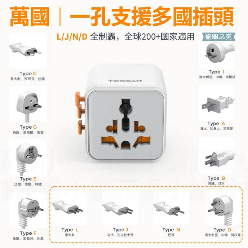 【TESSAN全球通用型旅行轉接頭】轉換插頭 出國旅遊 萬國轉接頭 國外插頭 旅行插頭 全球通用插頭