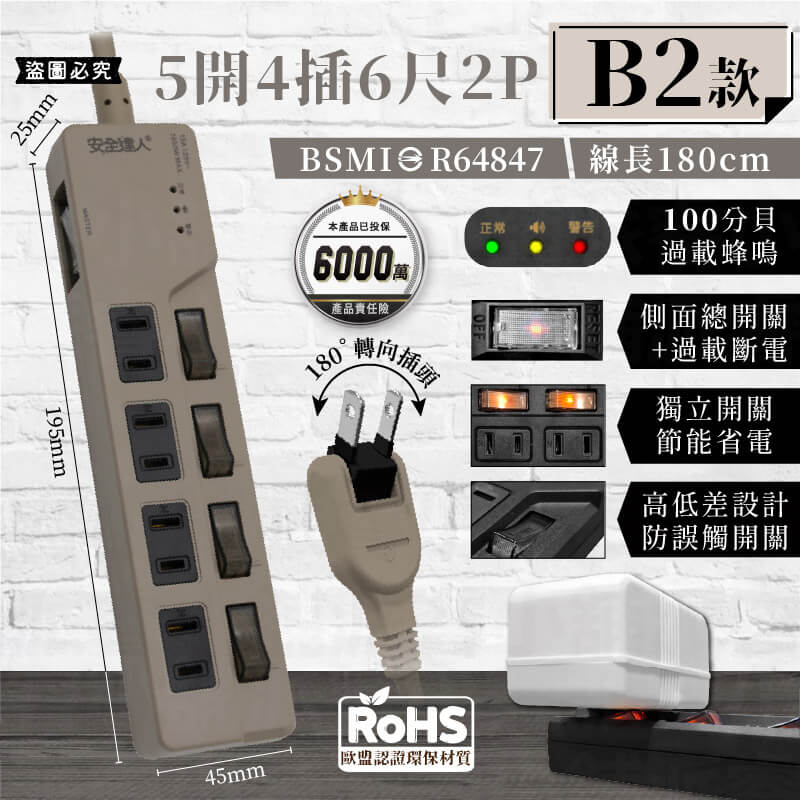 【BiBi聲AI過載警報延長線】1.8M 總開關 獨立開關 過載蜂鳴 100分貝警鈴 延長線 3P 2P