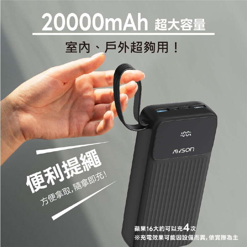 可帶上飛機【AWSON 大容量行動電源】20000mAh 10000mAh 自帶線 20W快充 行充