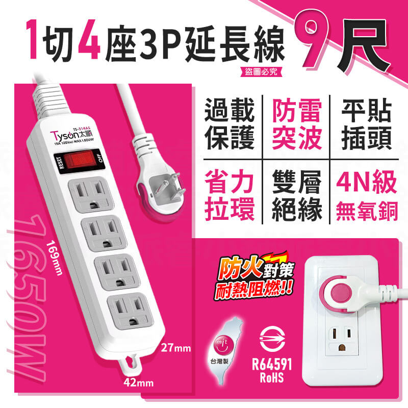 台灣製造【1切4座/6座3P安全延長線】過載斷電 防雷突波 平貼插座 耐熱 安全延長線