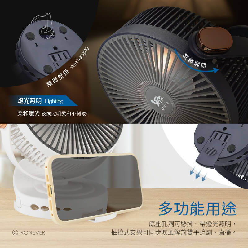 【RONEVER 6吋靜音小夜燈風扇】USB風扇 360度轉 可當手機支架 小風扇 夾扇 靜音風扇 風扇