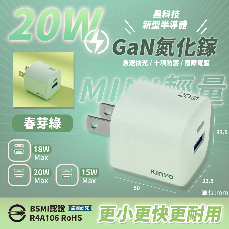【KINYO 氮化鎵雙孔PD充電器65W/40W/35W/20W】快充 黑科技 mini 國際電壓
