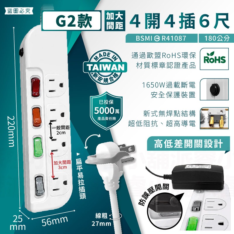 台灣製造【獨立開關三孔延長線】獨立開關 過載斷電