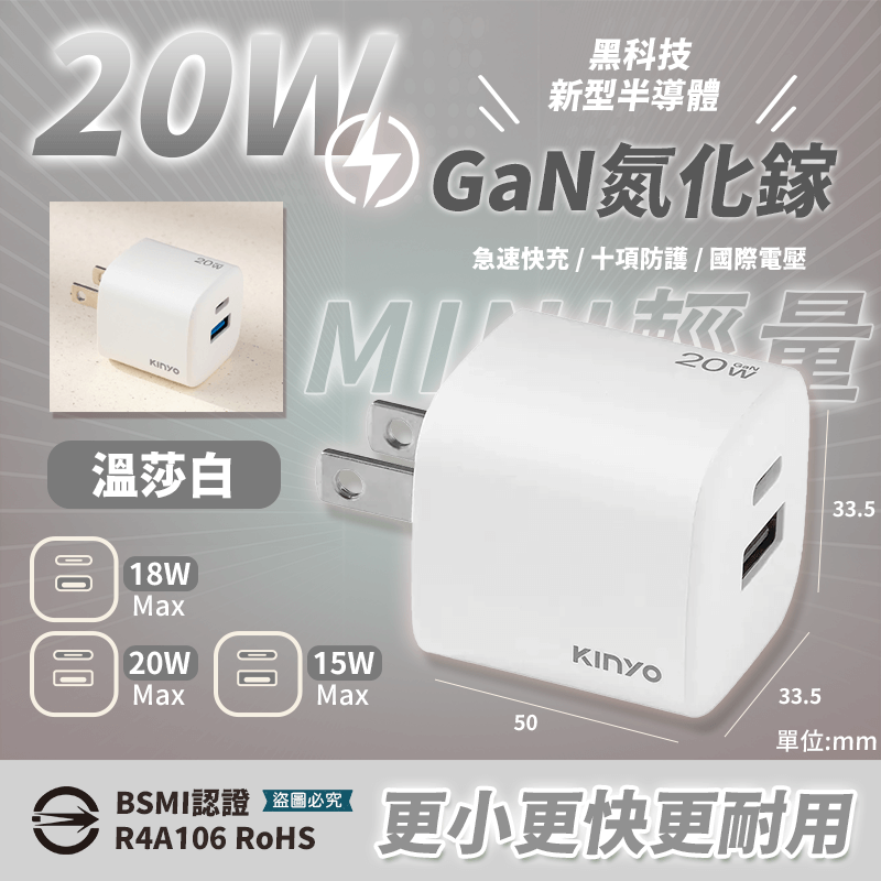 【KINYO 氮化鎵雙孔PD充電器65W/40W/35W/20W】快充 黑科技 mini 國際電壓