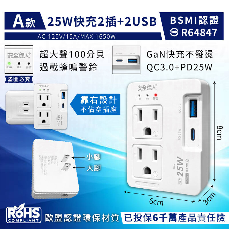 【BiBi AI過載警報分接器】100分貝過載蜂鳴 25W USB快充 壁插 分接器 充電器 氮化鎵快充