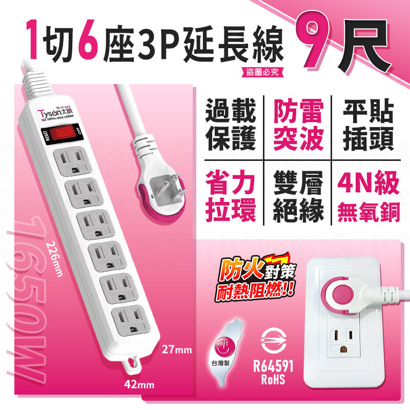 台灣製造【1切4座/6座3P安全延長線】過載斷電 防雷突波 平貼插座 耐熱 安全延長線