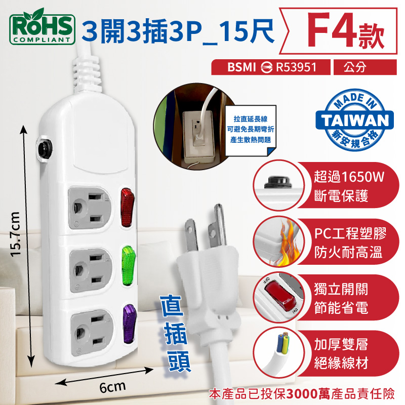 台灣製【過載斷電安全延長線3孔延長線】符合安規標準 安全延長線