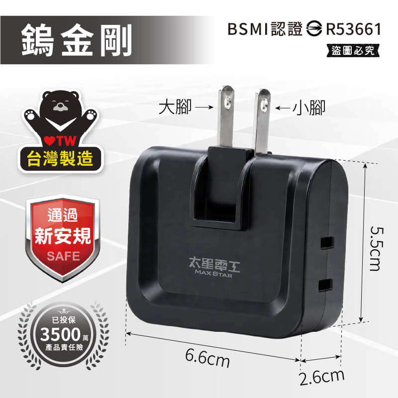 台灣製造【太星電工 2P安全轉向3面插】分接器 壁插 3面插 三面插 2P 插頭 插座 轉向插座