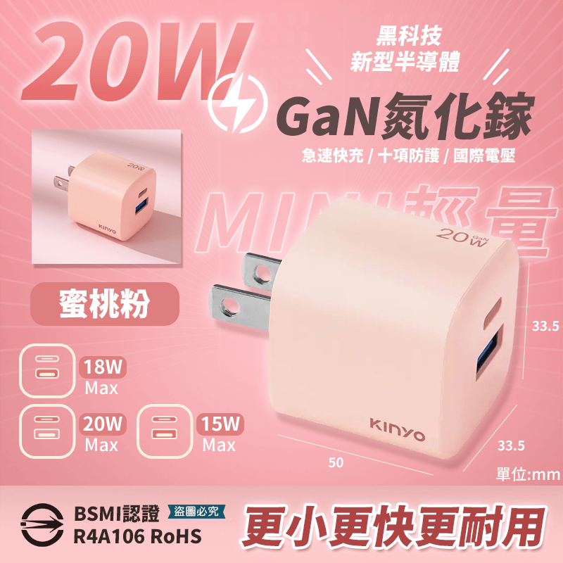 【KINYO 氮化鎵雙孔PD充電器65W/40W/35W/20W】快充 黑科技 mini 國際電壓