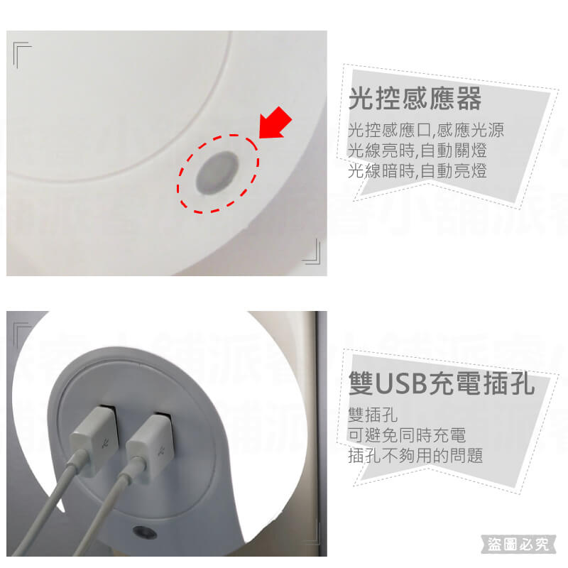 【雙USB充電口智能光感應夜燈】柔和白光 小夜燈 USB充電器 感應燈 國際電壓 2.1A 1A 充電器
