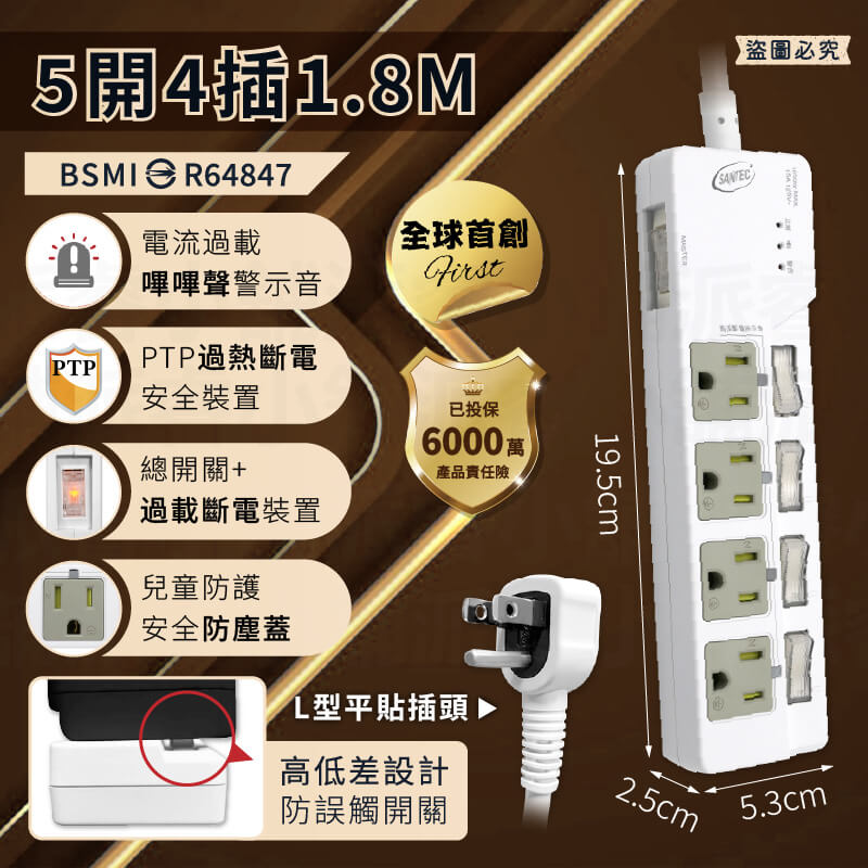 【BiBi聲 AI過載警報延長線】警鈴延長線 PTP高溫斷電 嗶嗶聲延長線 延長線 總開關 內建防塵蓋