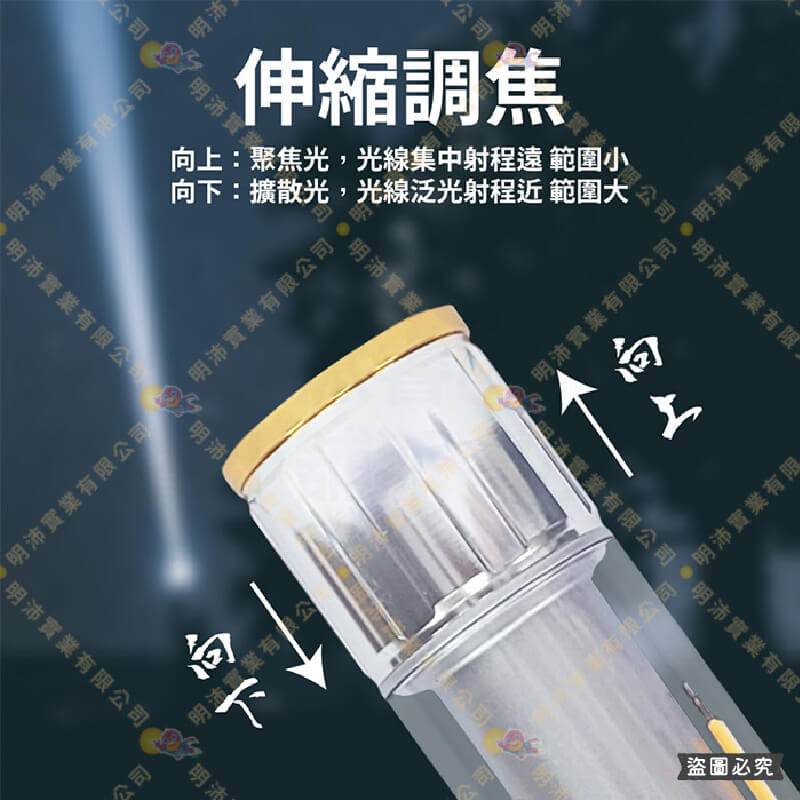 【明沛 15W充電式LED手電筒】手電筒 電量顯示 USB充電 充電手電筒 伸縮調焦 閃紅光 黃光白光