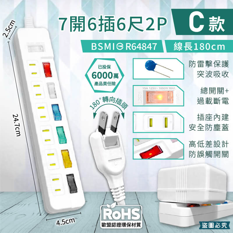 【防雷擊突波 2孔/3孔延長線】1.8M 防雷突波 防塵蓋 總開關 獨立開關 延長線 2P 3P