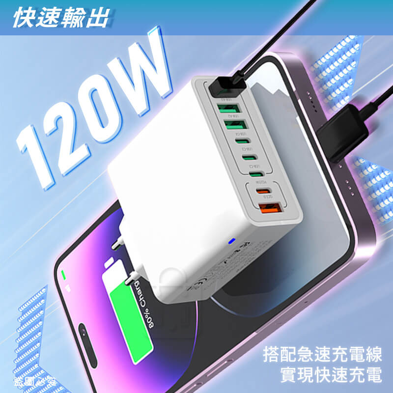 【120W PD+QC快速八孔充電器】多孔充電頭