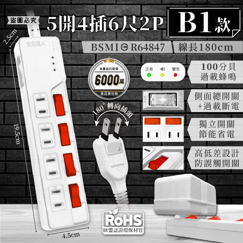 【BiBi聲AI過載警報延長線】1.8M 2.7M 總開關 獨立開關 過載蜂鳴 100分貝警鈴 延長線